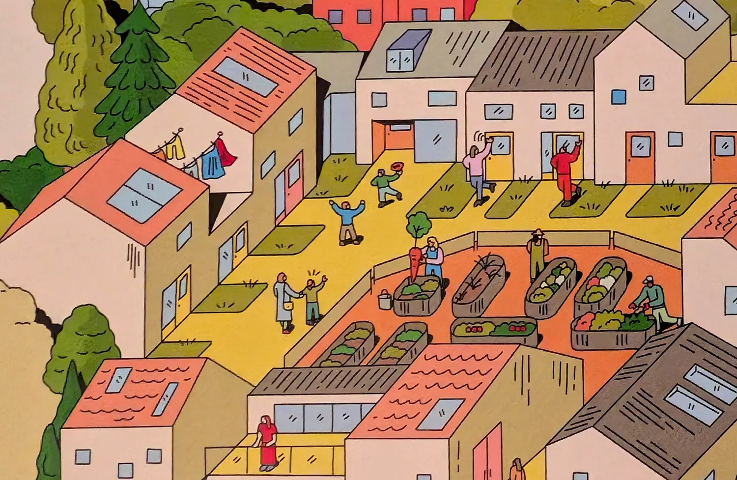 Illustrated aerial view of a village of homes