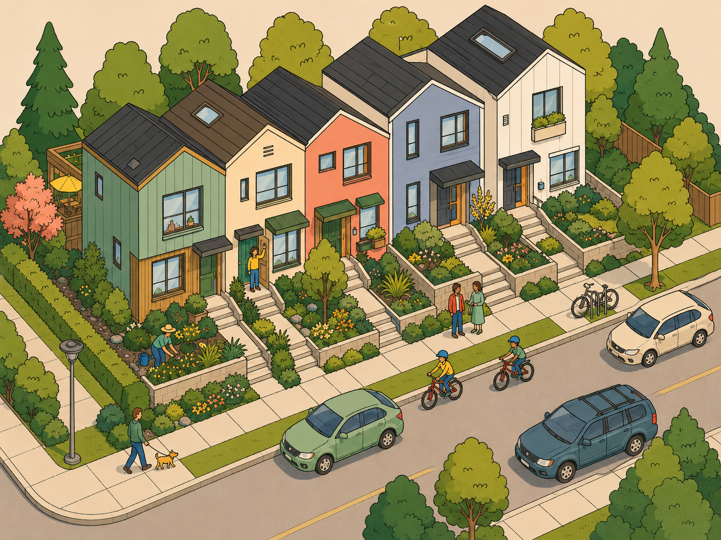 A vibrant strata community — residents gardening, chatting, and cycling outside their colourful townhomes